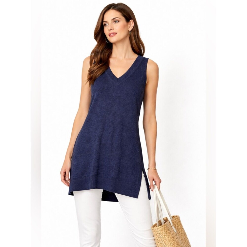 Anthropologie Desmond Navy Tunic Sweater Vest Linen Blend Side Slit Longline  S